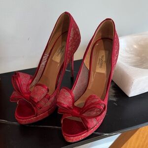 EUC Authentic Valentino Red Lace Bow Peep-Toe Stilettos
